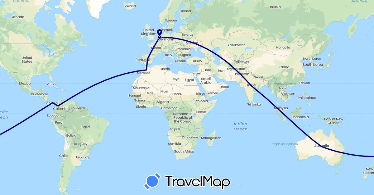 TravelMap itinerary: driving in Australia, Colombia, Spain, India, Morocco, Netherlands, Panama (Africa, Asia, Europe, North America, Oceania, South America)